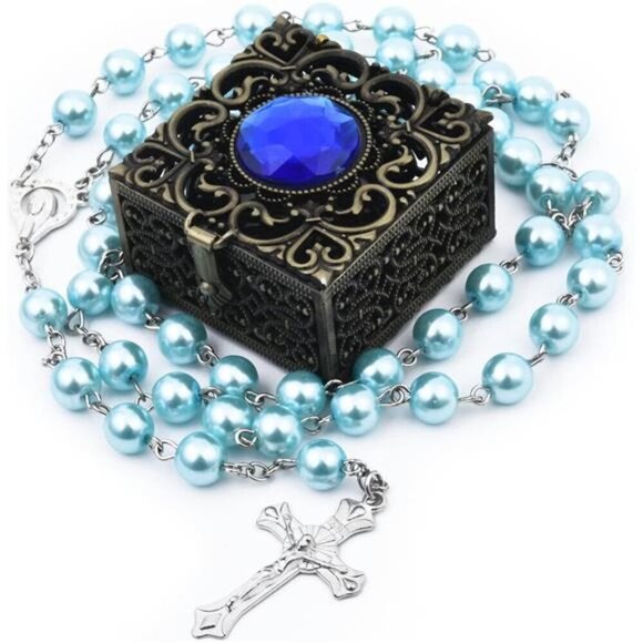 Blue Rosary Beads with Vintage Keepsake Box – Royal Blue Gemstone Accent - Picture 1 of 7